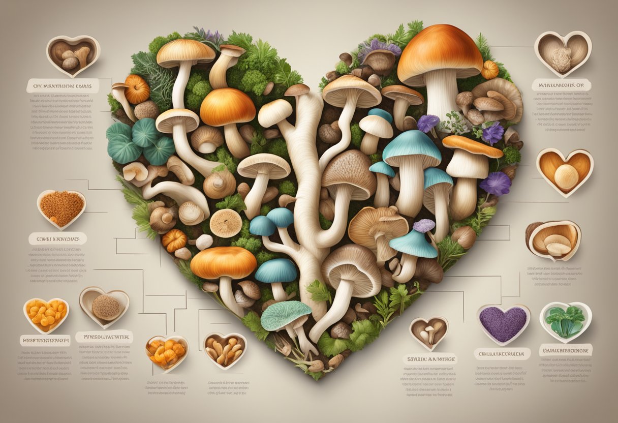 A variety of mushrooms arranged in a heart shape, surrounded by text highlighting their heart health benefits