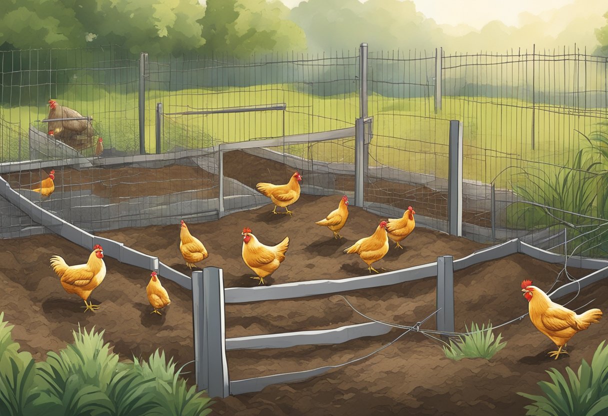 Chickens pecking at mulch beds, surrounded by wire fencing and wooden stakes to deter access