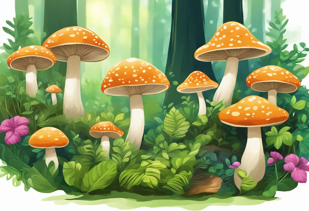 Mushrooms growing in a lush forest, surrounded by vibrant green foliage and dappled sunlight, symbolizing the benefits of blood pressure regulation for heart health