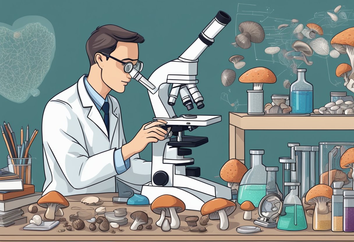 A scientist examines mushrooms under a microscope, surrounded by lab equipment and research papers on heart health