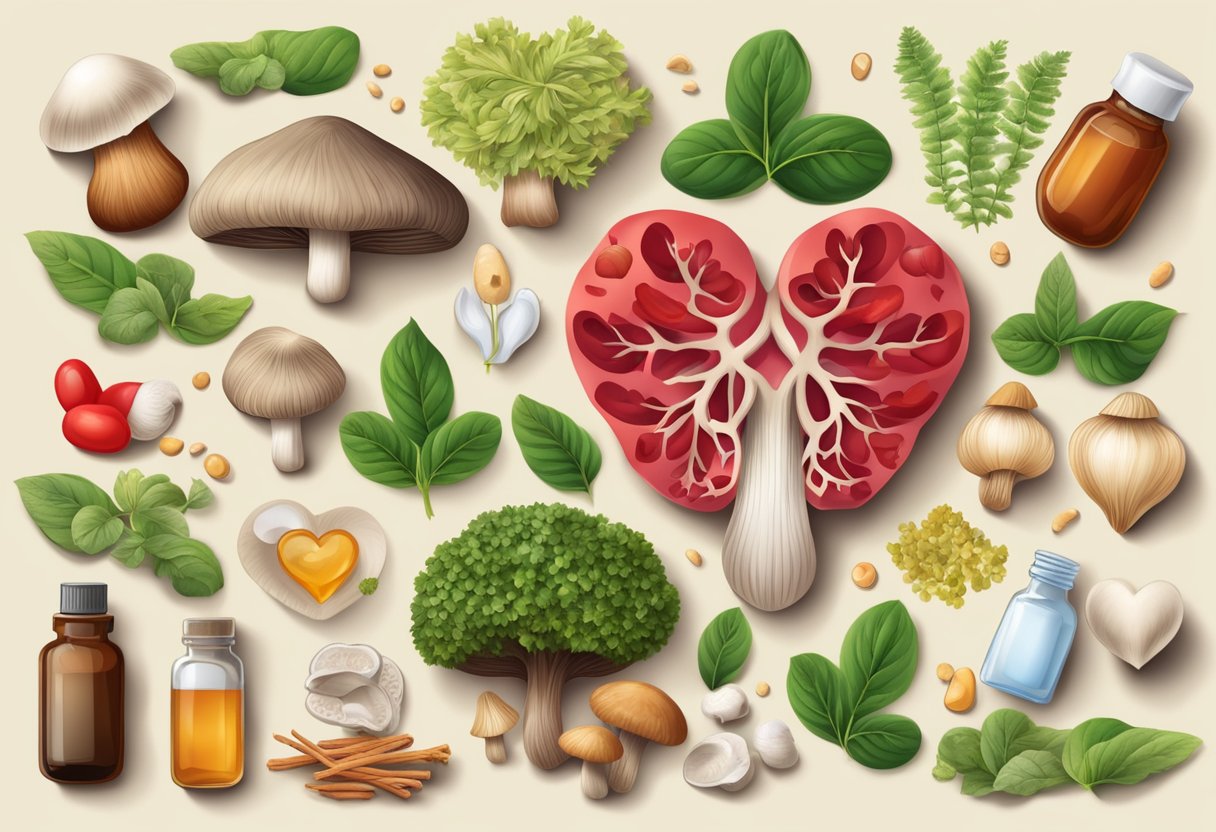 A heart-shaped mushroom surrounded by traditional heart medicines, symbolizing the complementary benefits of mushrooms for heart health