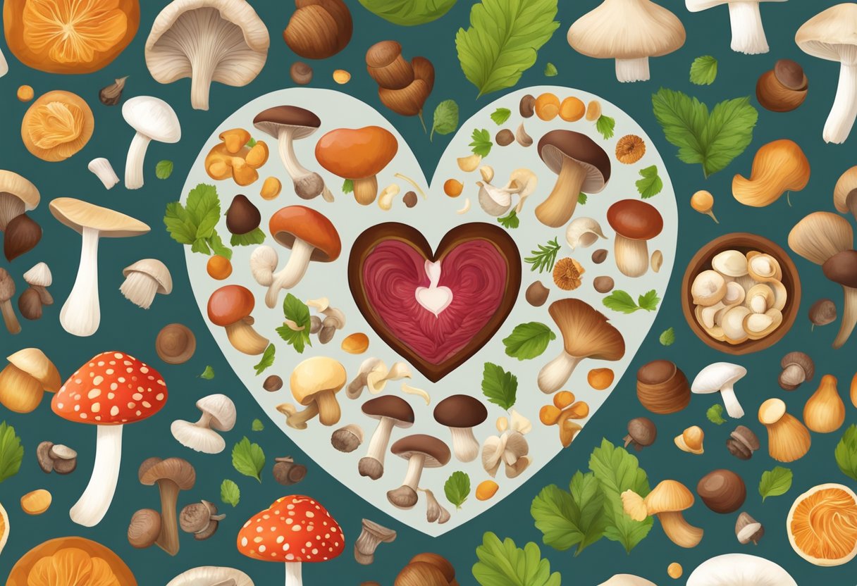 A table filled with various types of mushrooms, surrounded by heart-healthy foods and ingredients. A heart-shaped symbol made out of mushrooms in the center