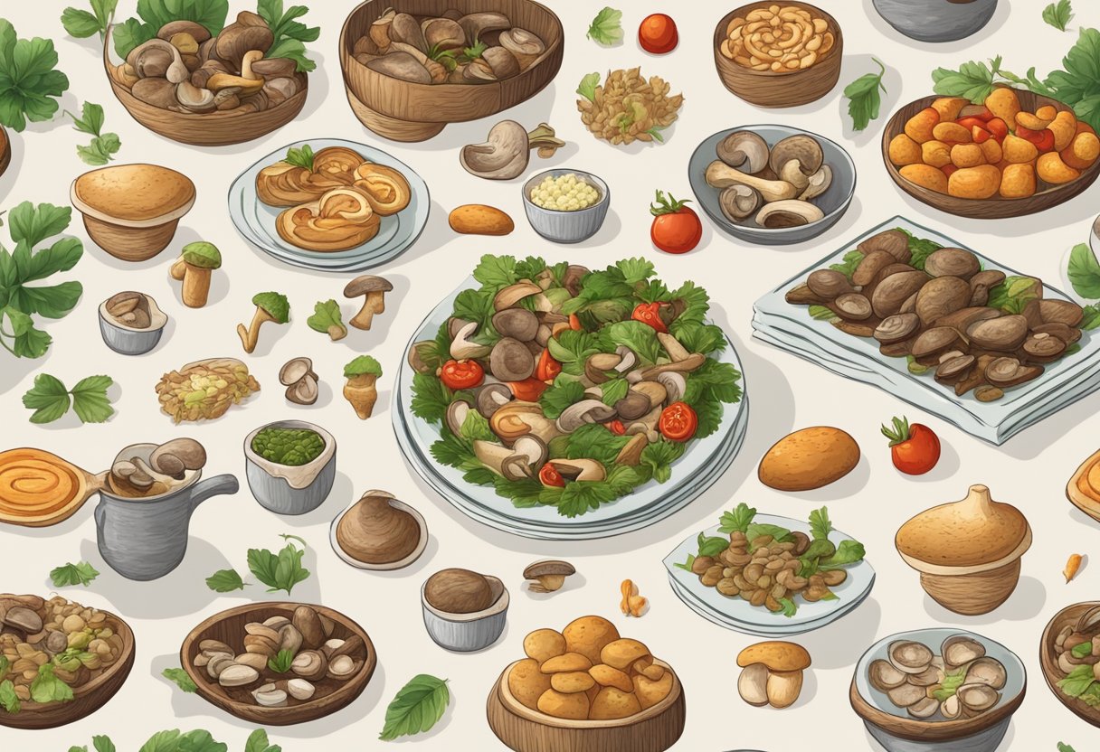 A table set with various mushroom dishes, surrounded by heart-healthy foods. A heart symbol made of mushrooms in the center