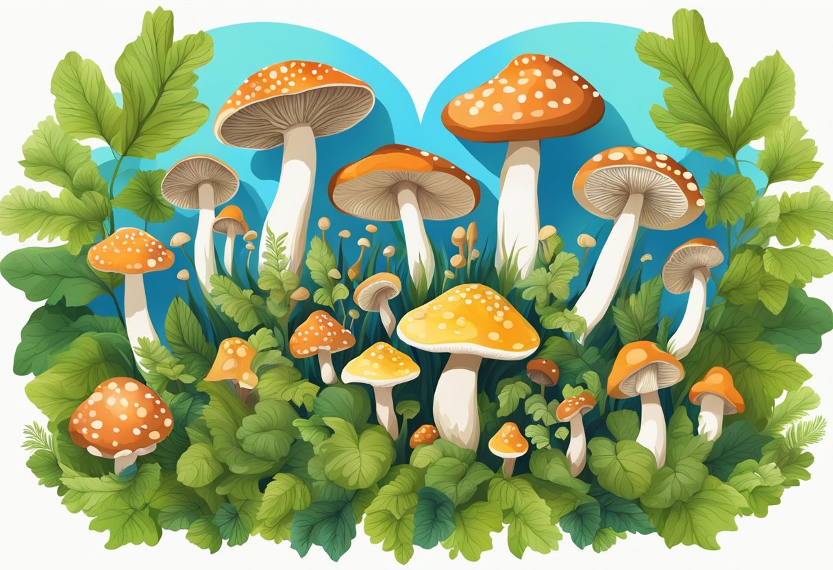 A colorful array of mushrooms arranged in a heart shape, surrounded by vibrant green leaves and a clear blue sky in the background