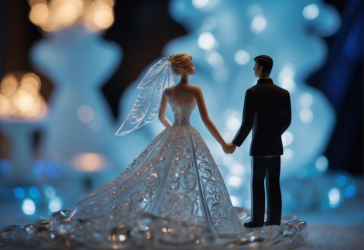 A large ice sculpture of a bride and groom stands in the center of a wedding reception. The intricate details of their attire and the delicate carvings reflect the skill and artistry of the sculptor