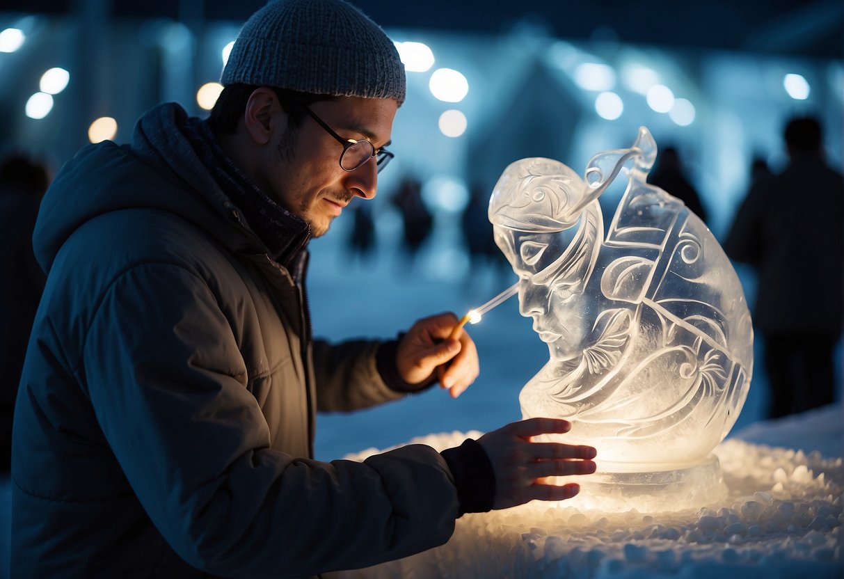 A sculptor carves a detailed wedding ice sculpture, adding intricate designs and patterns with precision and skill. The sculpture glistens in the light, reflecting the elegance of the occasion