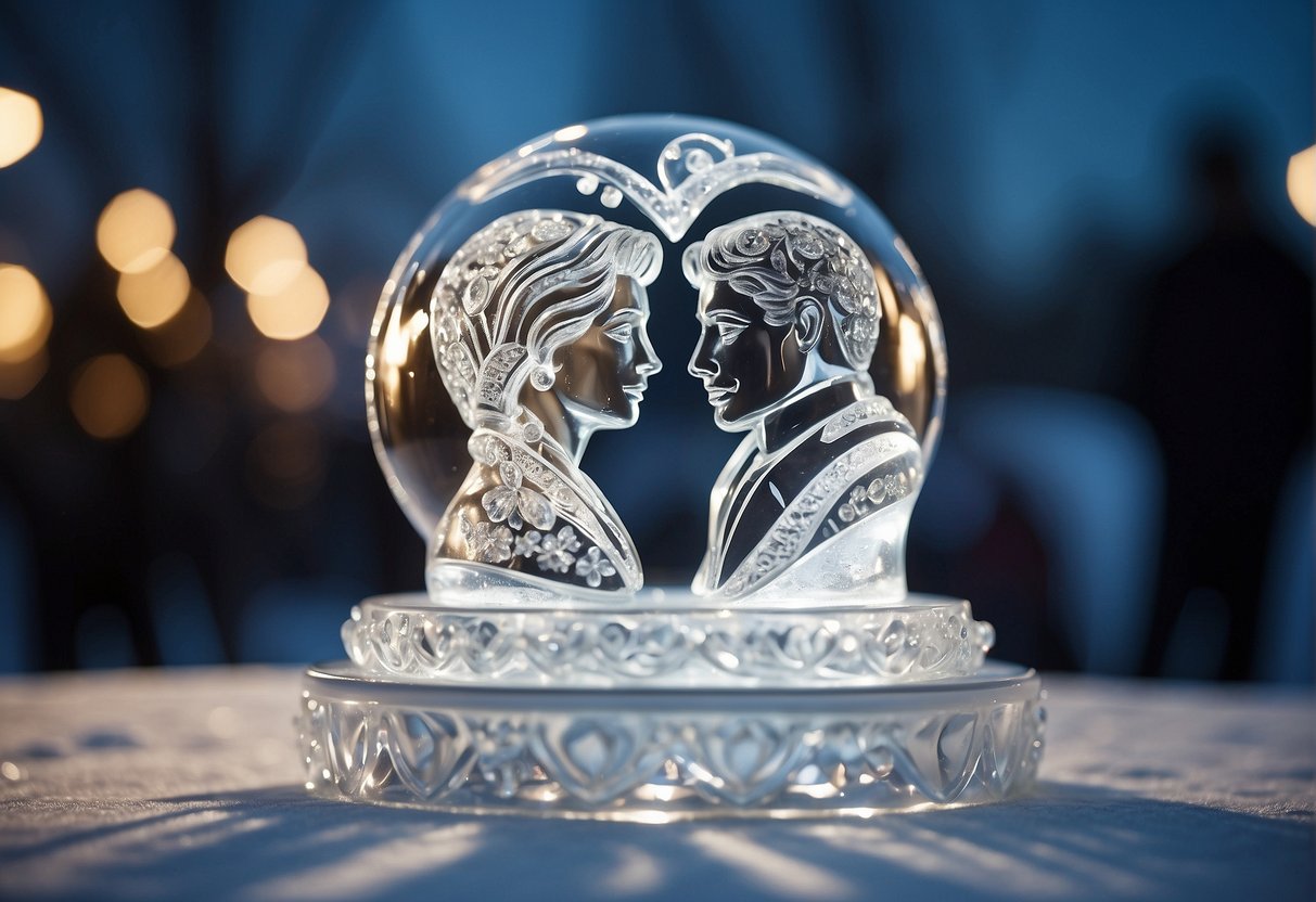 A grand wedding ice sculpture stands tall, intricately carved with delicate details, reflecting the couple's love and elegance