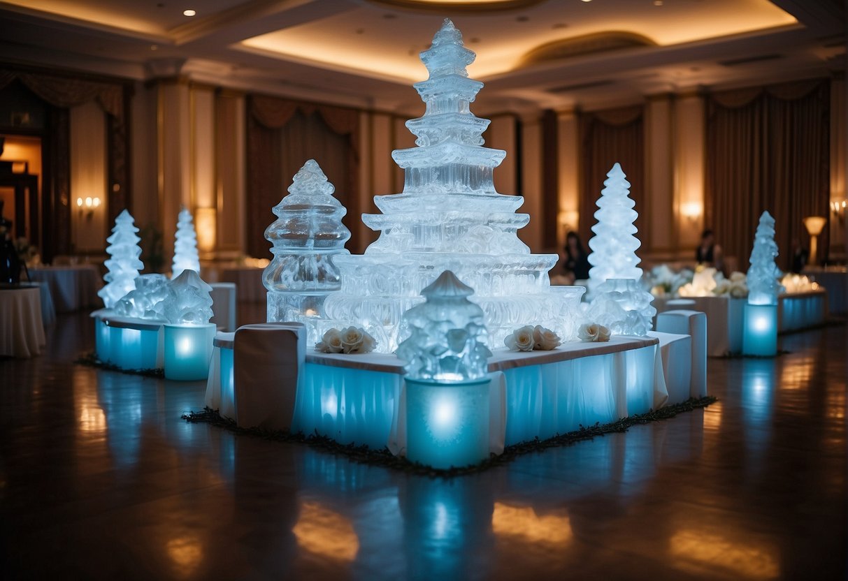 A grand wedding reception with elegant ice sculptures as the centerpiece, reflecting the romantic ambiance and adding a touch of sophistication to the event