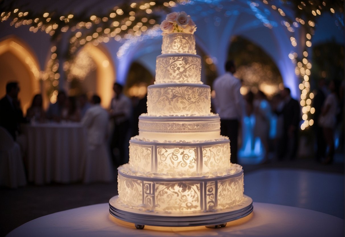 A large ice sculpture of a wedding cake, intricately carved with delicate details and adorned with flowers and ribbons, glistening under the soft glow of party lights
