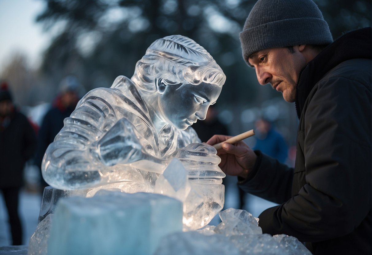 A sculptor carefully carves a wedding ice sculpture, chiseling intricate details with precision and focus