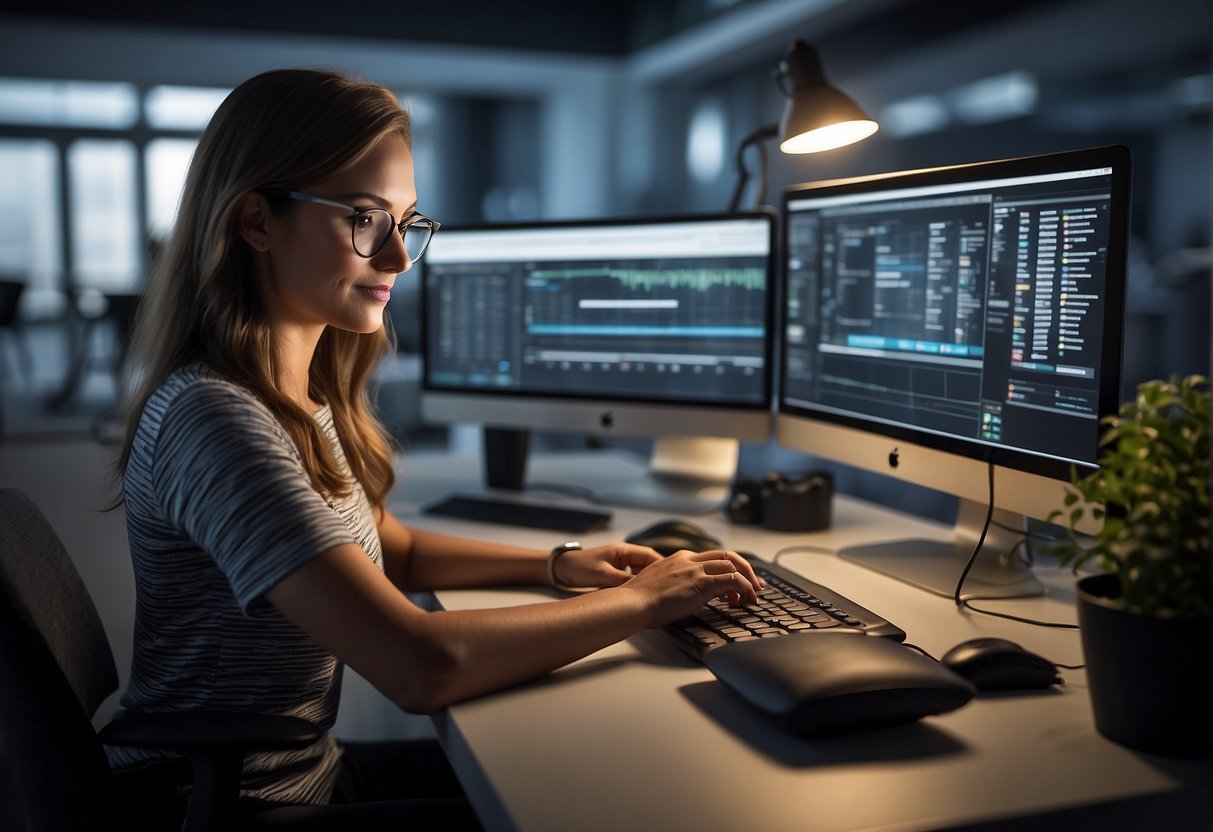 A virtual assistant works at a desk, mastering new skills and tools. From beginner to pro, they specialize in their career journey