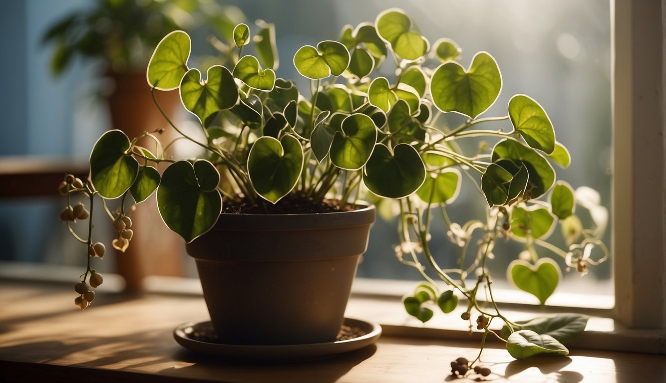 A sunny windowsill with a hanging pot of Ceropegia woodii, surrounded by other potted plants.

Sunlight streams in, casting a warm glow on the delicate heart-shaped leaves cascading down from the pot