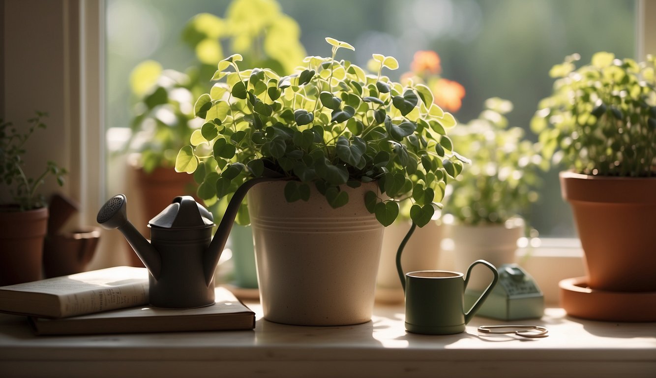 A sunny windowsill with a small pot containing a trailing String of Hearts plant, surrounded by gardening tools, a watering can, and a beginner's guide book