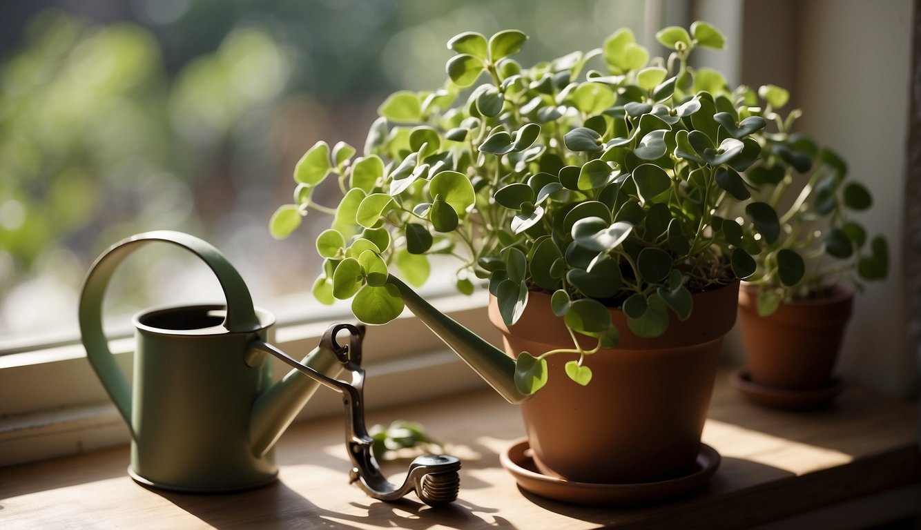 A small pot of Ceropegia woodii sits on a sunny windowsill, with delicate heart-shaped leaves cascading over the edges.

A watering can and pruning shears are nearby, ready for care and maintenance
