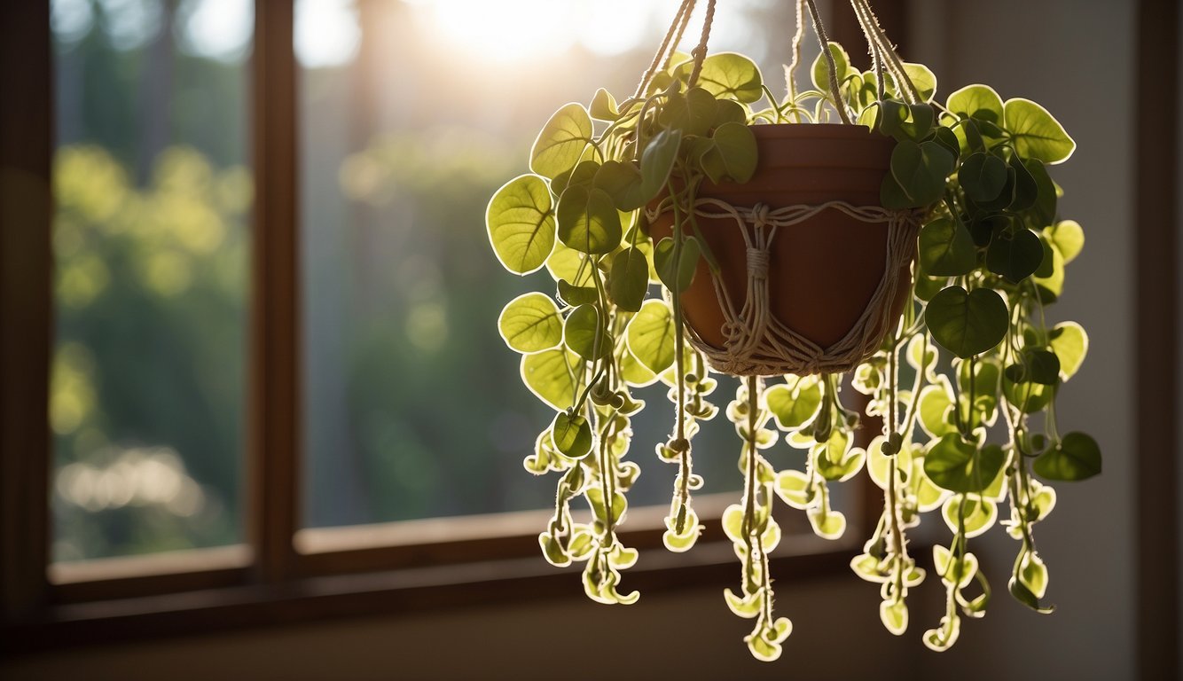 A vibrant pot of Ceropegia woodii dangles from a macramé hanger, cascading down in a graceful display.

Sunlight filters through the window, illuminating the delicate heart-shaped leaves