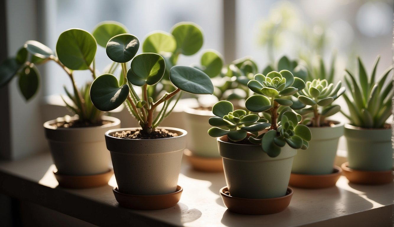 A Chinese Money Plant sits on a sunny windowsill, with its round, pancake-like leaves and delicate, upright stems.

The plant is surrounded by small pots of succulents and a watering can