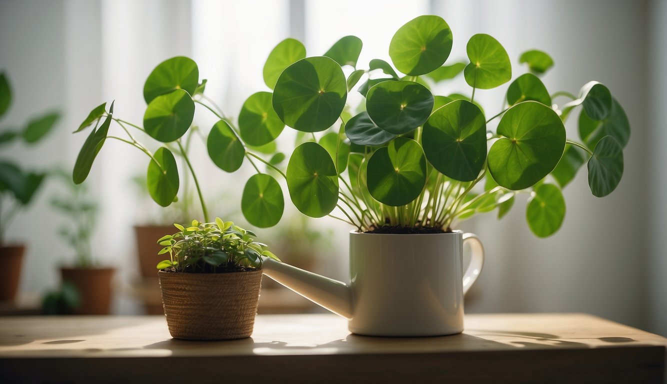 A Chinese Money Plant sits in a bright, airy room.

Its round, coin-shaped leaves cascade from its slender stems. A watering can and a bag of soil are nearby, ready for plant care