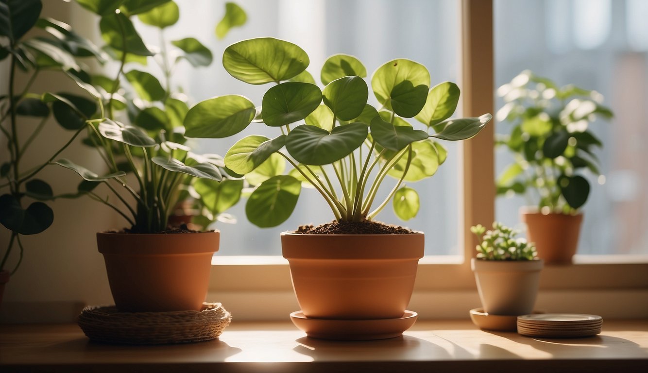 A bright, airy room with a large window.

A small table holds a Chinese Money Plant in a terracotta pot. Sunlight streams in, highlighting the round, coin-like leaves