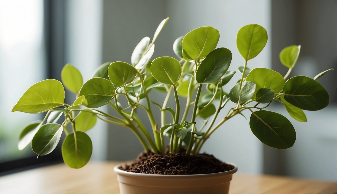A Chinese money plant sits in a bright, airy room.

Its round, coin-shaped leaves are vibrant green and perched on slender, upright stems.

A few leaves show signs of yellowing, while others appear healthy and lush