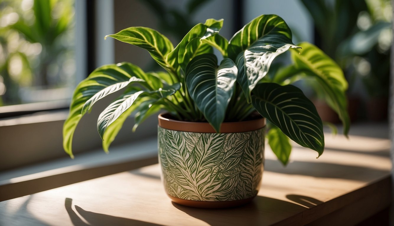 A vibrant Calathea lancifolia plant sits in a decorative pot, surrounded by lush green foliage.

Sunlight filters through the window, casting a warm glow on the plant's patterned leaves