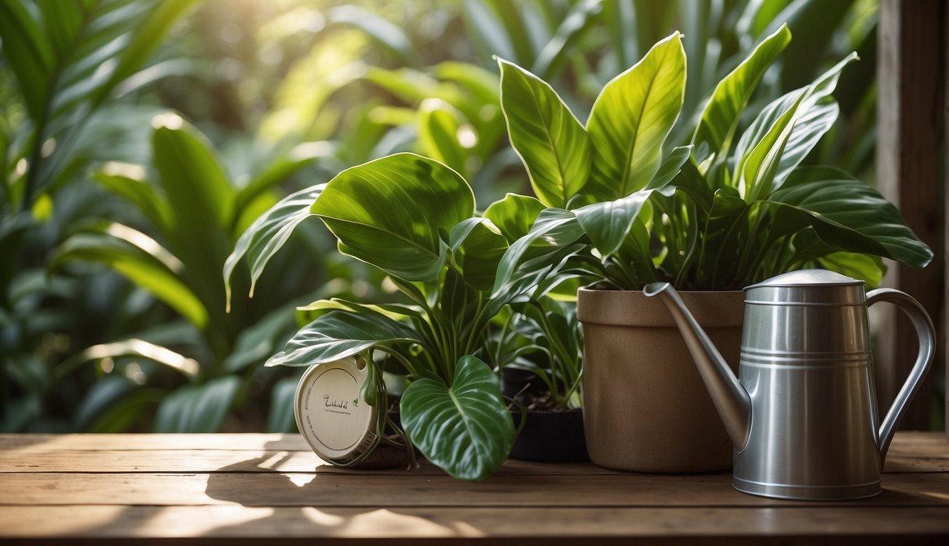 A lush, tropical setting with dappled sunlight filtering through the leaves of a Calathea lancifolia plant.

A watering can and a small bag of fertilizer are nearby, emphasizing the importance of proper care