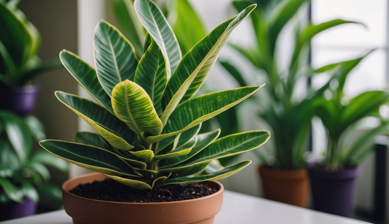 The Rattlesnake Plant sits in a bright, humid room, surrounded by other tropical plants.

Its long, lance-shaped leaves are vibrant green with dark purple undersides, creating a striking contrast. The plant is thriving in its well-draining soil