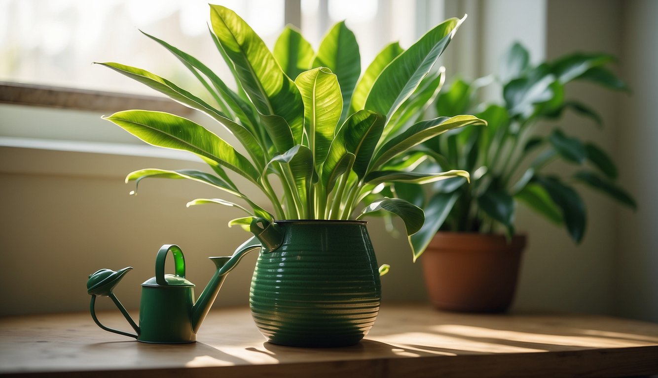 A lush green Rattlesnake Plant sits in a bright, airy room.

Sunlight streams through the window, casting soft shadows on the vibrant leaves.

A small watering can and a bag of fertilizer are nearby, indicating attentive care