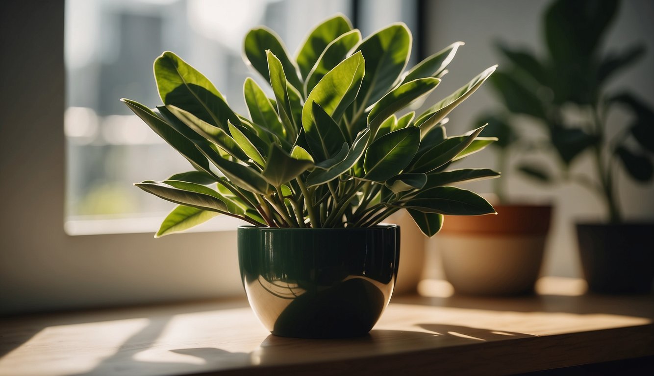 A ZZ plant sits in a simple pot on a clean, modern tabletop.

Sunlight streams in from a nearby window, casting a soft glow on the glossy, dark green leaves