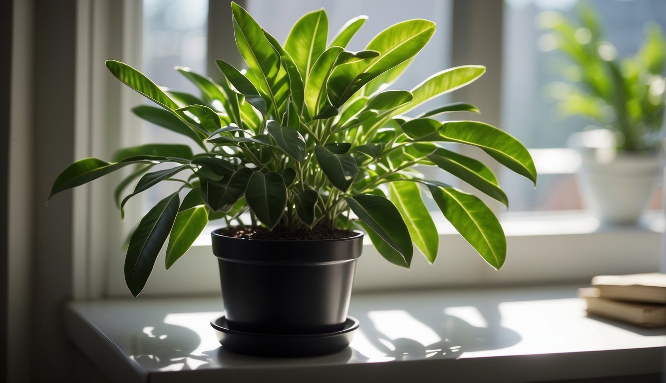 A ZZ plant sits on a sunny windowsill with minimal care needed.

Its glossy green leaves cascade from the pot, creating a lush and vibrant display