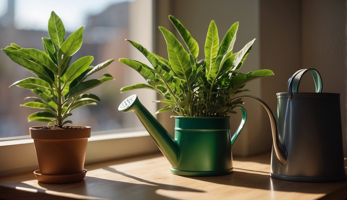 A ZZ plant sits on a windowsill, its glossy green leaves shining in the sunlight.

A small watering can and a bag of fertilizer are nearby, highlighting its low-maintenance nature