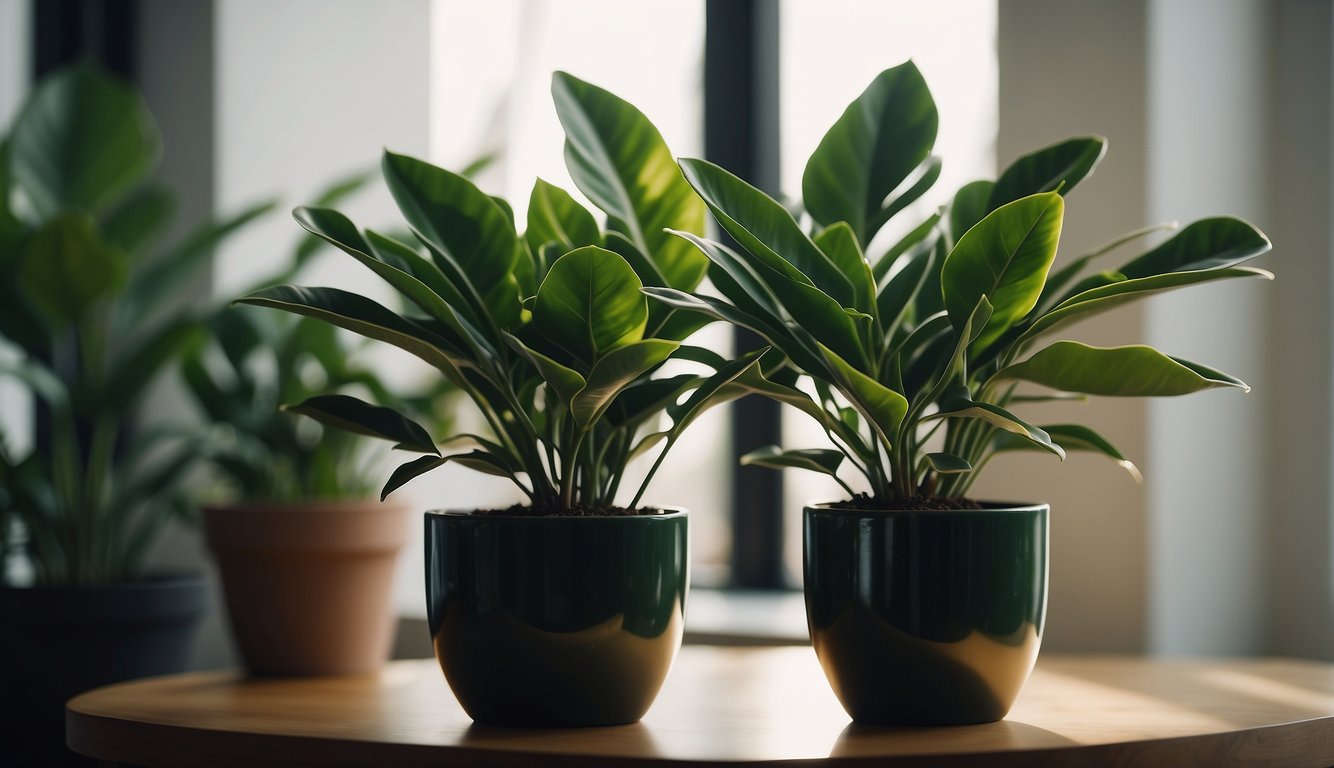 A ZZ plant sits in a simple pot on a clean, modern tabletop.

Soft natural light illuminates the glossy, dark green leaves. The plant exudes a sense of low-maintenance beauty