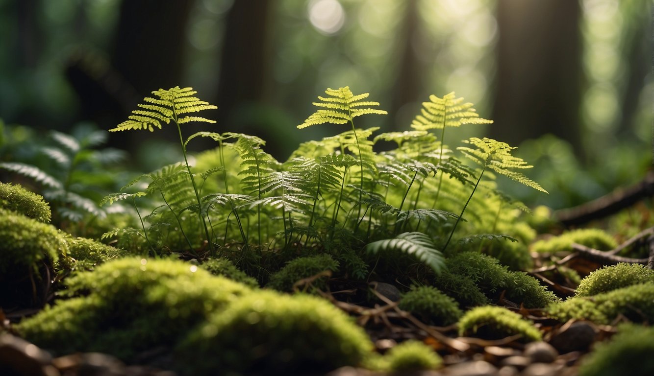 A lush forest floor with dappled sunlight illuminating delicate Maidenhair Fern fronds, surrounded by moss and small rocks