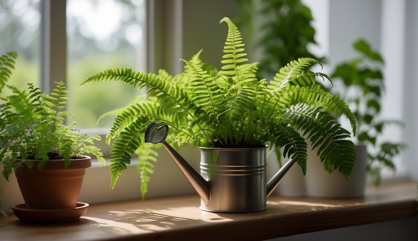 A Maidenhair Fern sits in a bright, airy room on a windowsill.

A small watering can and a misting bottle are nearby, along with a bag of specialized fern fertilizer.

The fern is surrounded by other lush green plants, creating a