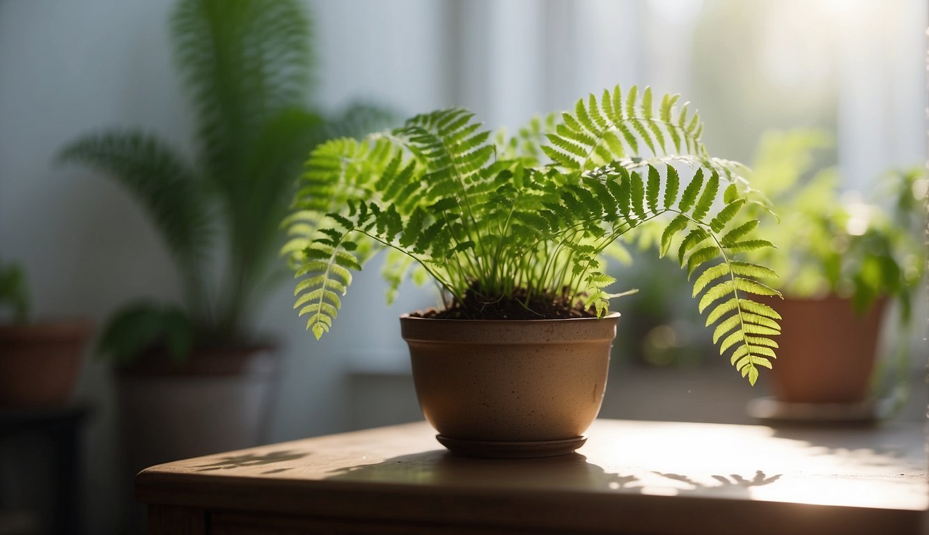 A Maidenhair Fern sits in a bright, airy room with indirect sunlight.

It is potted in well-draining soil and misted regularly. A small dish of water sits nearby for humidity