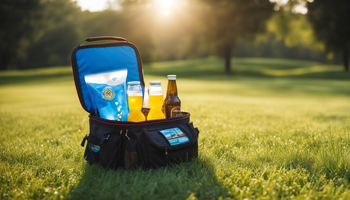 A Disc Golf Cooler bag sits open on a grassy field, with a variety of discs and drinks spilling out. The sun shines down, casting shadows on the colorful bag