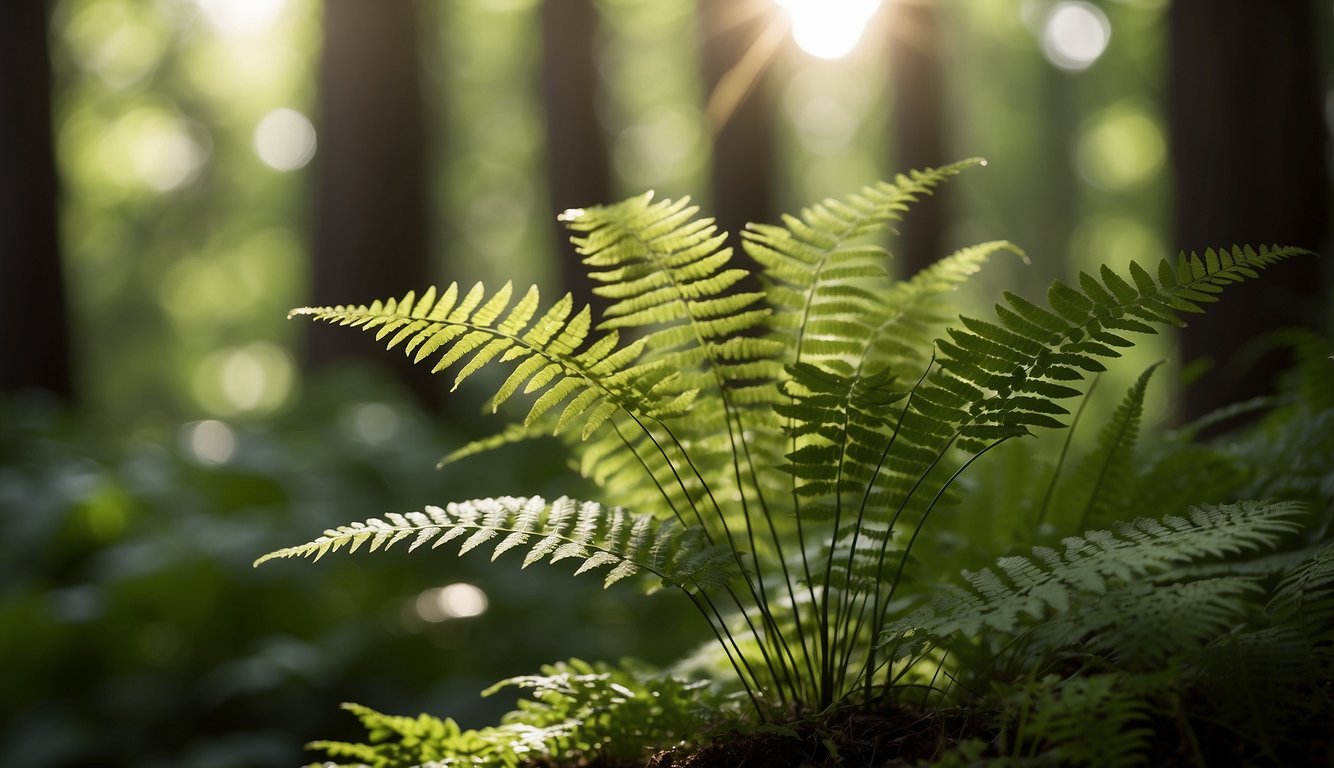 A Maidenhair Fern sits in a dappled forest clearing, surrounded by lush greenery and delicate, frond-like leaves.

Sunlight filters through the canopy, casting a soft glow on the fern's intricate foliage