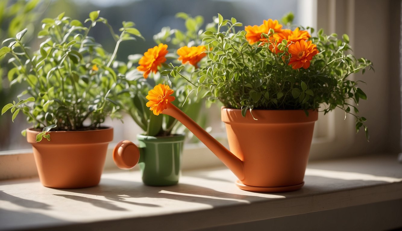 A small terracotta pot sits on a sunny windowsill, filled with cascading strands of vibrant orange and green Parrot's Beak plants.

A watering can and a pair of gardening gloves are nearby, suggesting ongoing care and maintenance