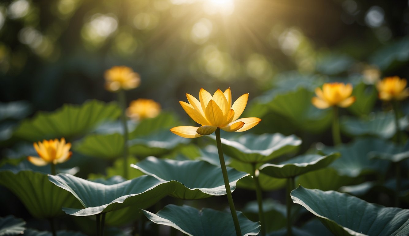 A vibrant lotus berthelotii plant with yellow and orange tubular flowers surrounded by lush green foliage, set against a backdrop of a sunny garden