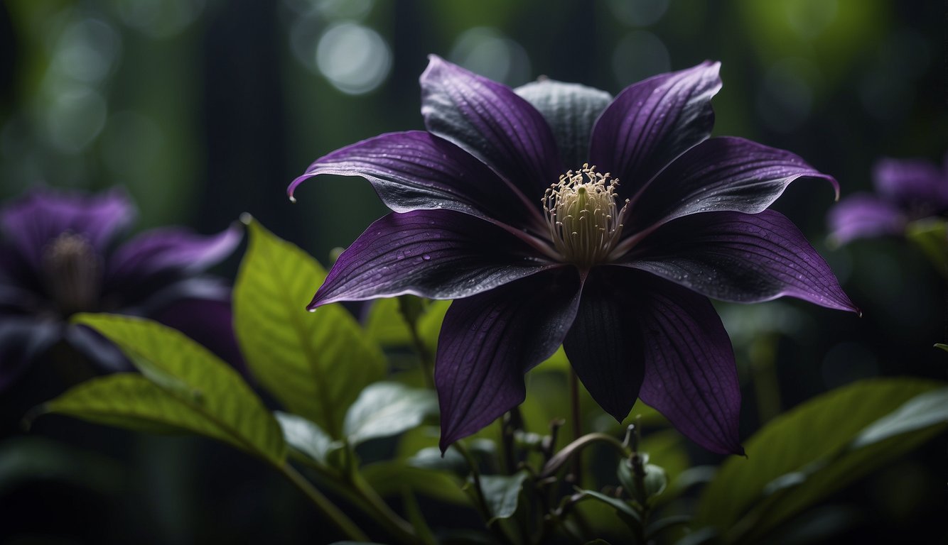 A black bat flower blooms in a dimly lit, humid jungle setting, its intricate purple and black petals unfurling to reveal its mysterious beauty
