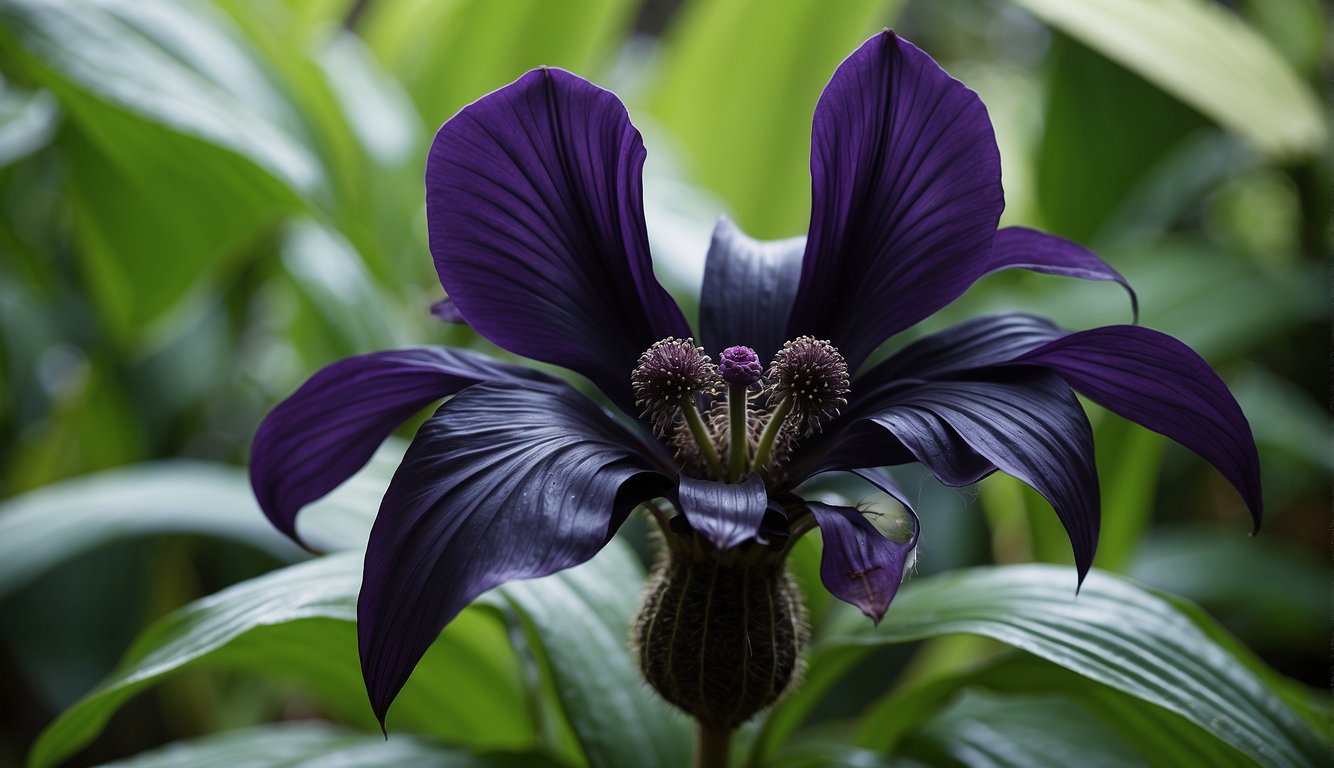 A close-up of a Tacca Chantrieri plant with large, dark purple, bat-shaped flowers surrounded by lush green foliage