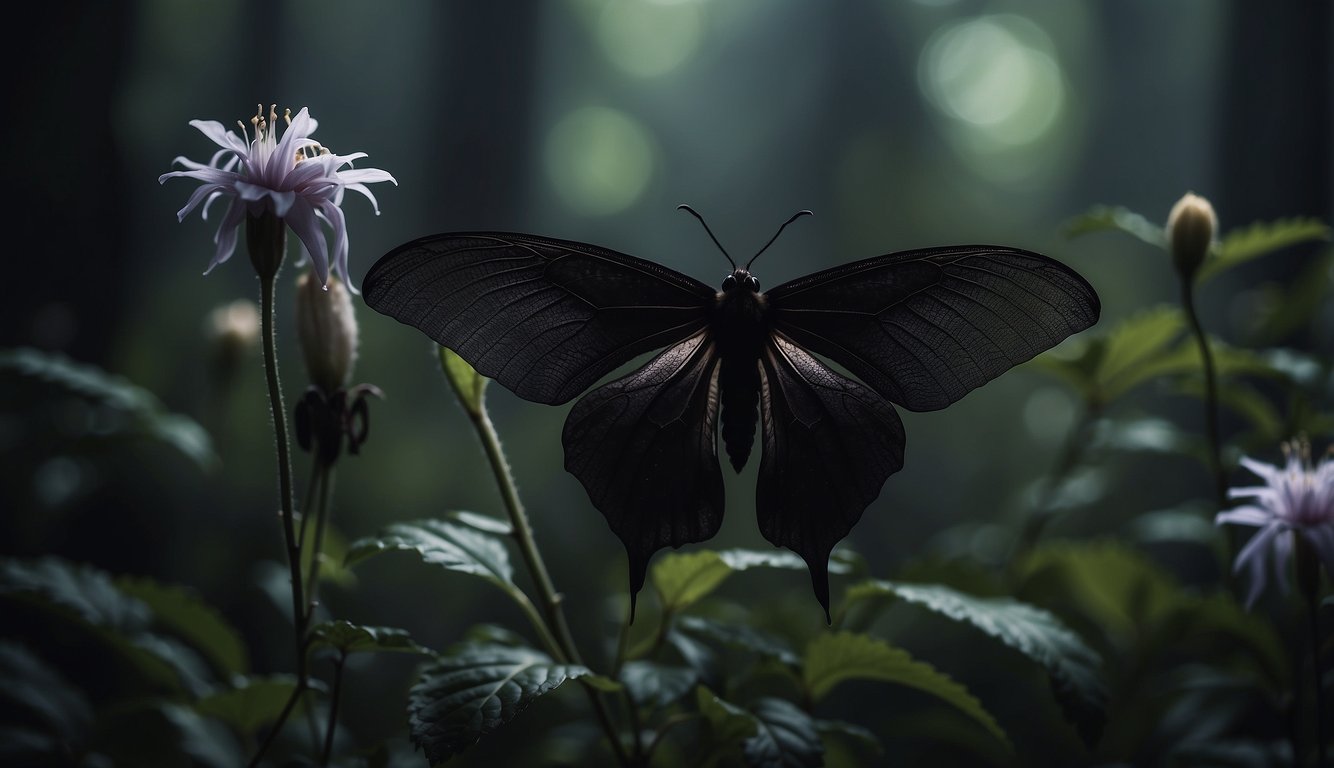 The black bat flower blooms in a dimly lit forest, its dark petals and long whiskers creating an air of mystery.

A gentle mist envelops the plant, adding to its enchanting allure