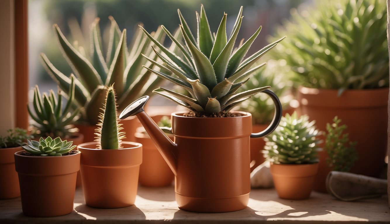 A spiral aloe plant sits in a terracotta pot on a sunlit windowsill, surrounded by gardening tools and a watering can