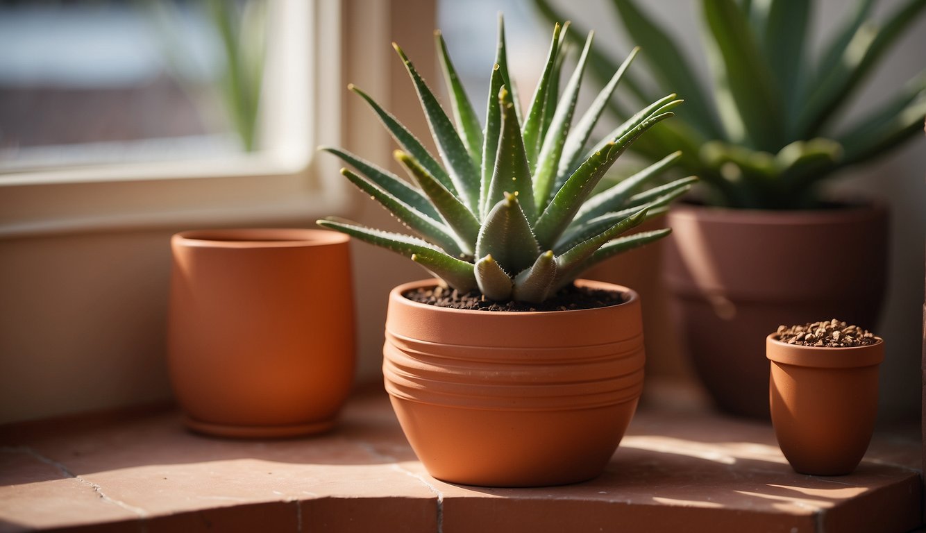 A spiral aloe sits in a terracotta pot on a sunny windowsill.

The plant's rosette of fleshy, spiraling leaves creates a striking geometric pattern. A small watering can and bag of potting soil are nearby