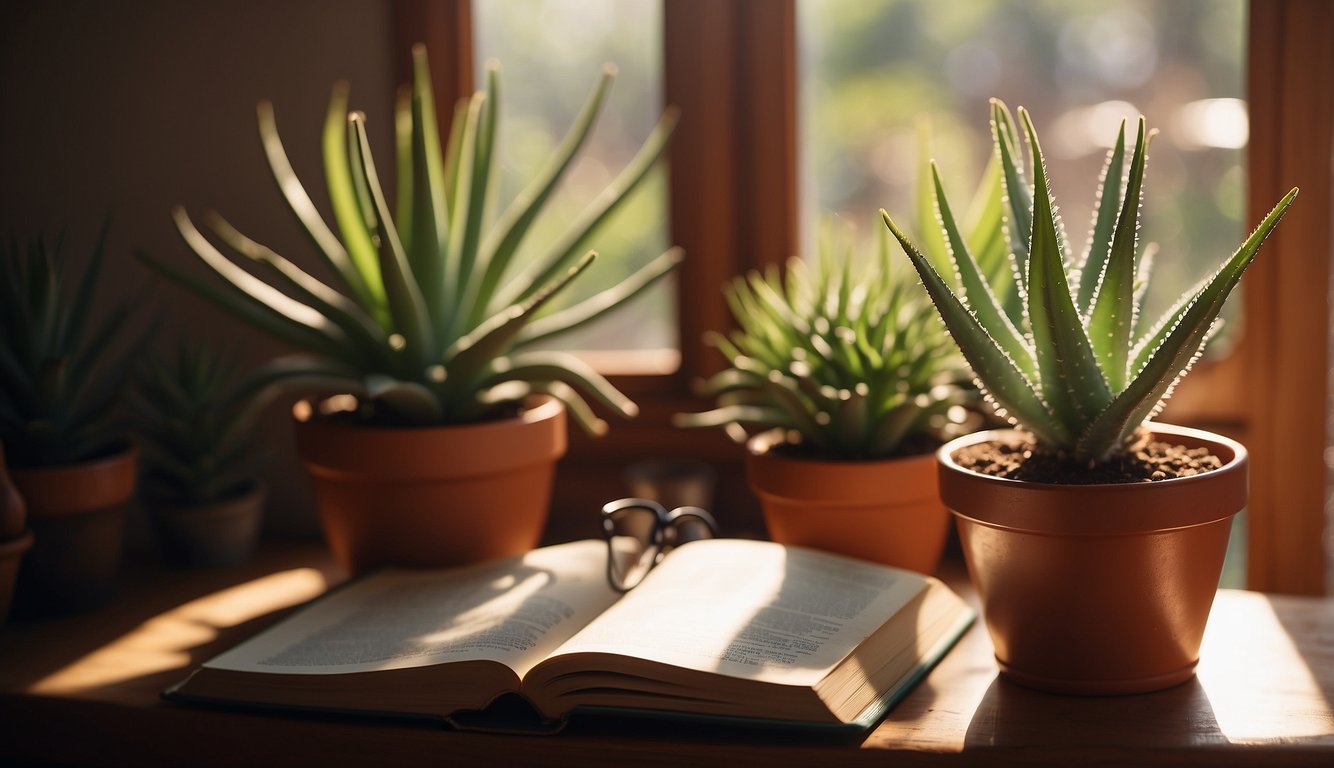A spiral aloe plant sits in a clay pot, surrounded by gardening tools and a beginner's guide book.

Sunlight filters through a nearby window, casting a warm glow on the scene
