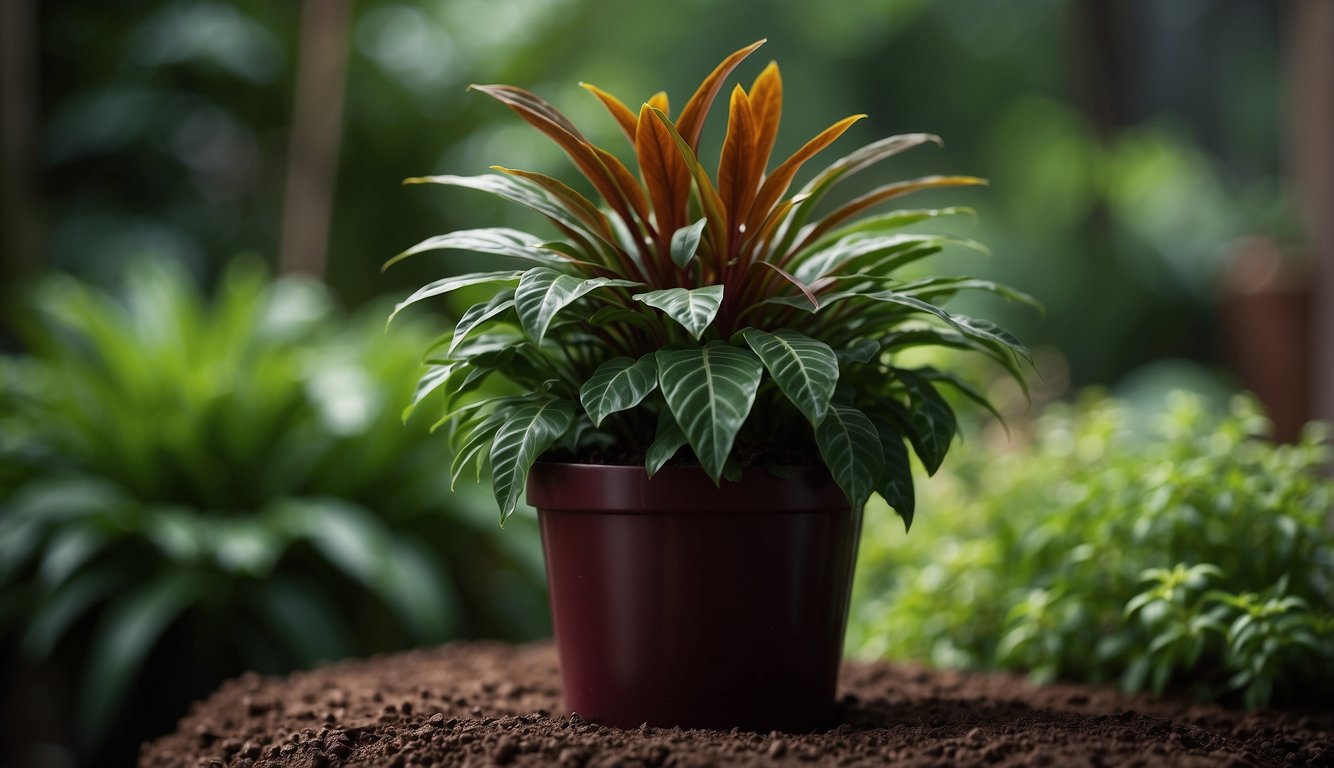 A lush Ludisia discolor plant sits in a decorative pot, surrounded by rich, moist soil.

Its deep green leaves are adorned with vibrant, velvety maroon stripes, creating a stunning display of natural beauty