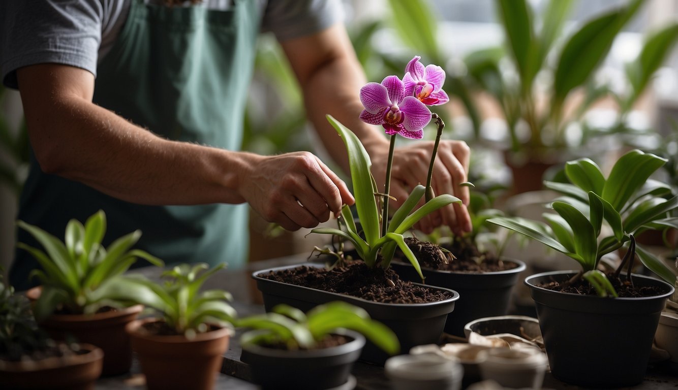 A pair of hands carefully repotting a Ludisia discolor orchid into a fresh, well-draining potting mix.

Bright, indirect light illuminates the scene as the plant is gently watered