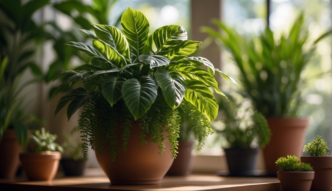 A lush Ludisia discolor plant sits in a decorative pot, surrounded by other vibrant green foliage.

Soft sunlight filters through the window, casting a warm glow on the leaves