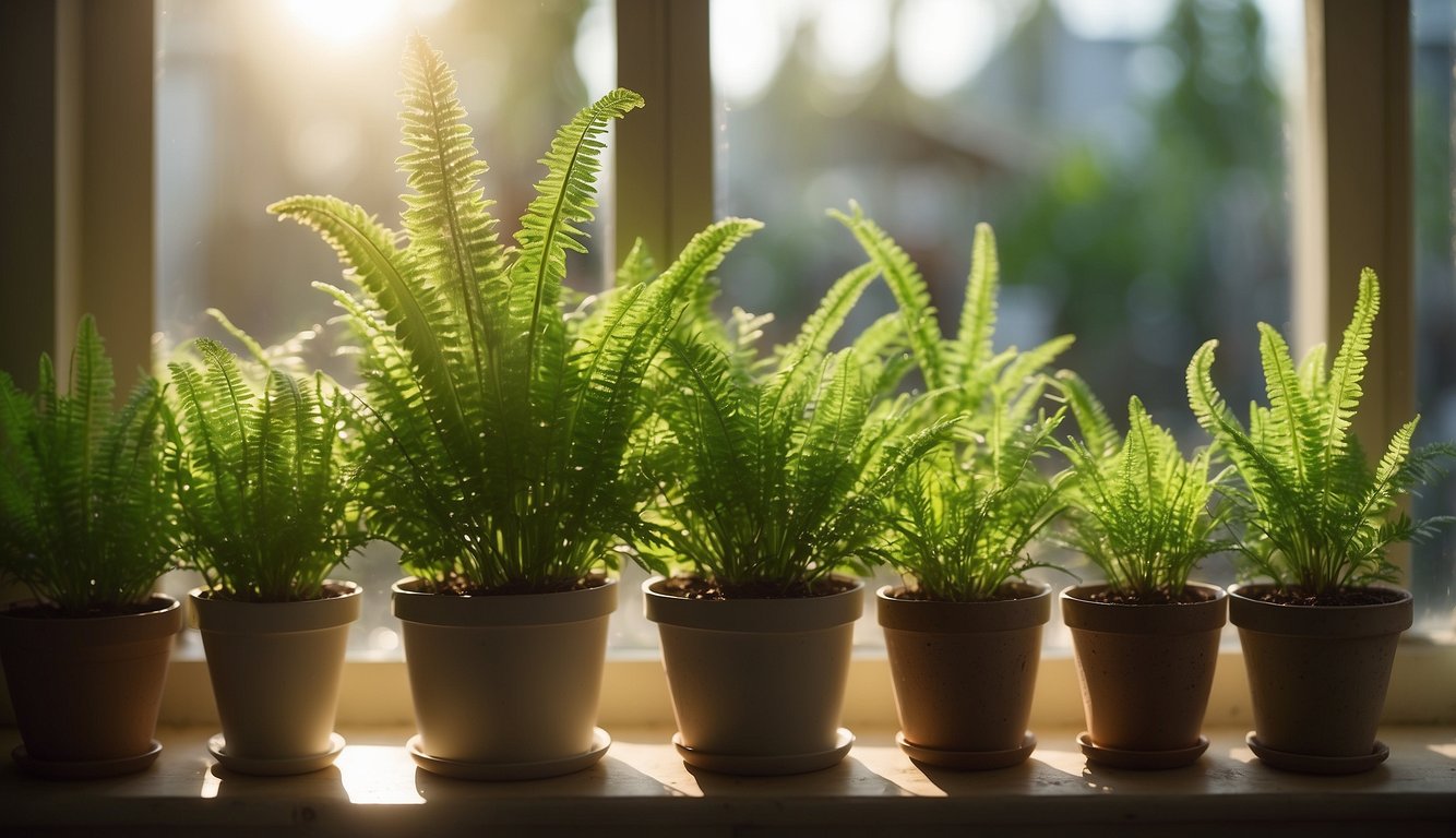 A Foxtail Fern sits in a sunny window, surrounded by a few small pots of soil and a watering can.

Rays of sunlight shine down on the vibrant green fronds, creating a peaceful and nurturing atmosphere