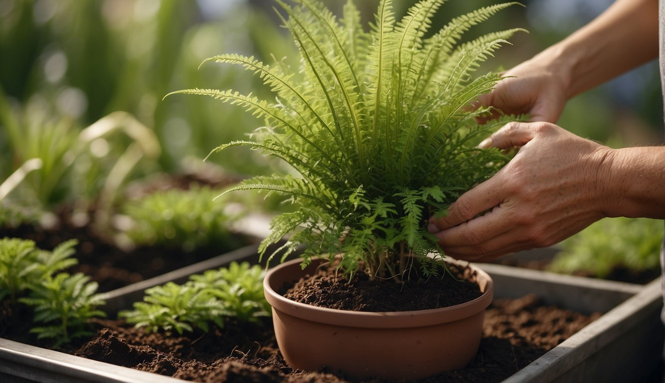 Foxtail fern being carefully removed from its pot, roots gently untangled, and then placed into a larger container with fresh soil