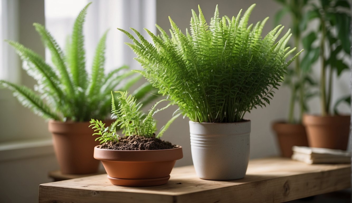 A foxtail fern sits in a bright, well-lit room.

It is placed in a decorative pot with well-draining soil. The plant is surrounded by a few scattered gardening tools and a watering can